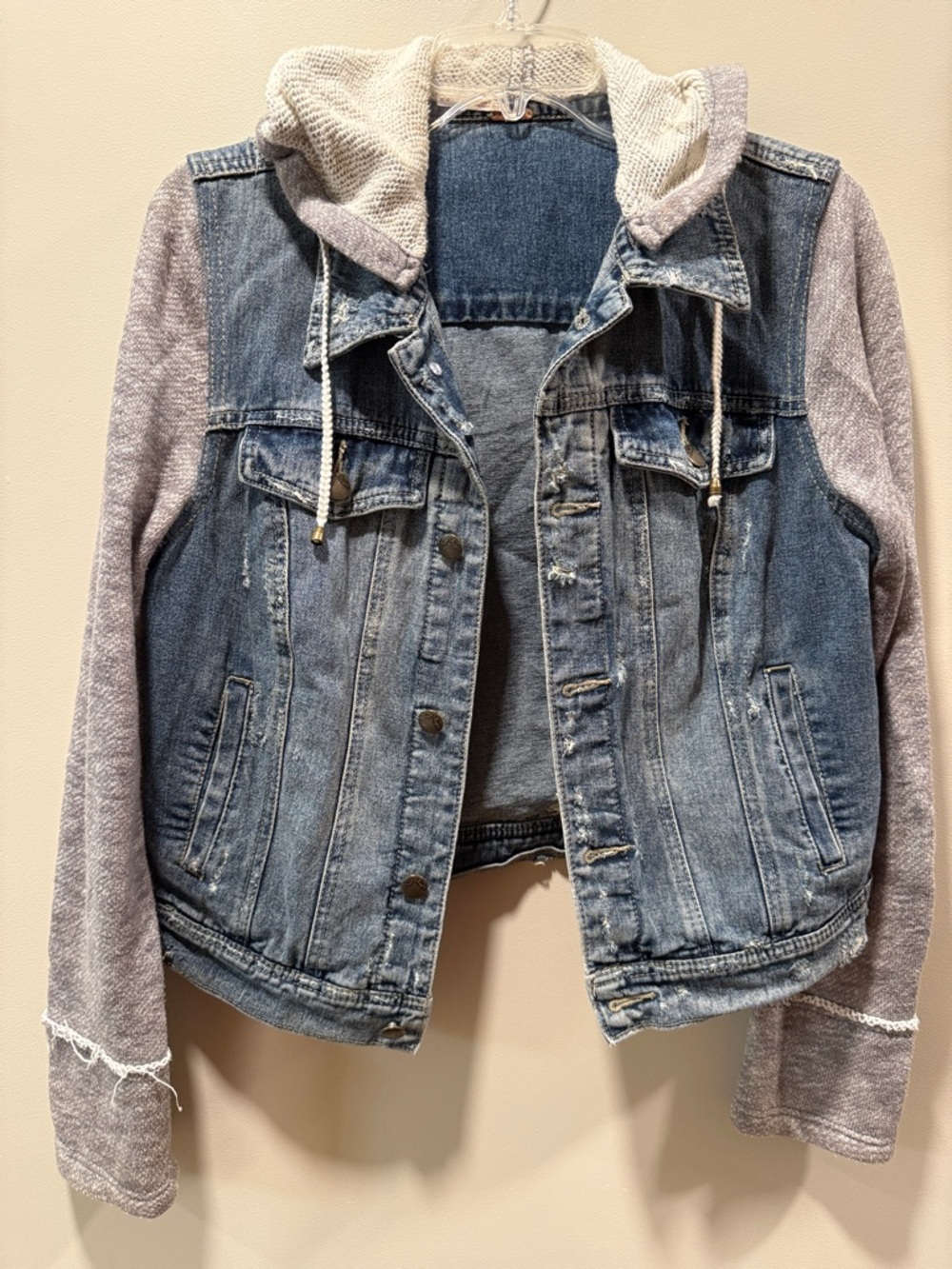 Free People Blue Denim Jacket with Gray Knit Hoodie Sleeves
